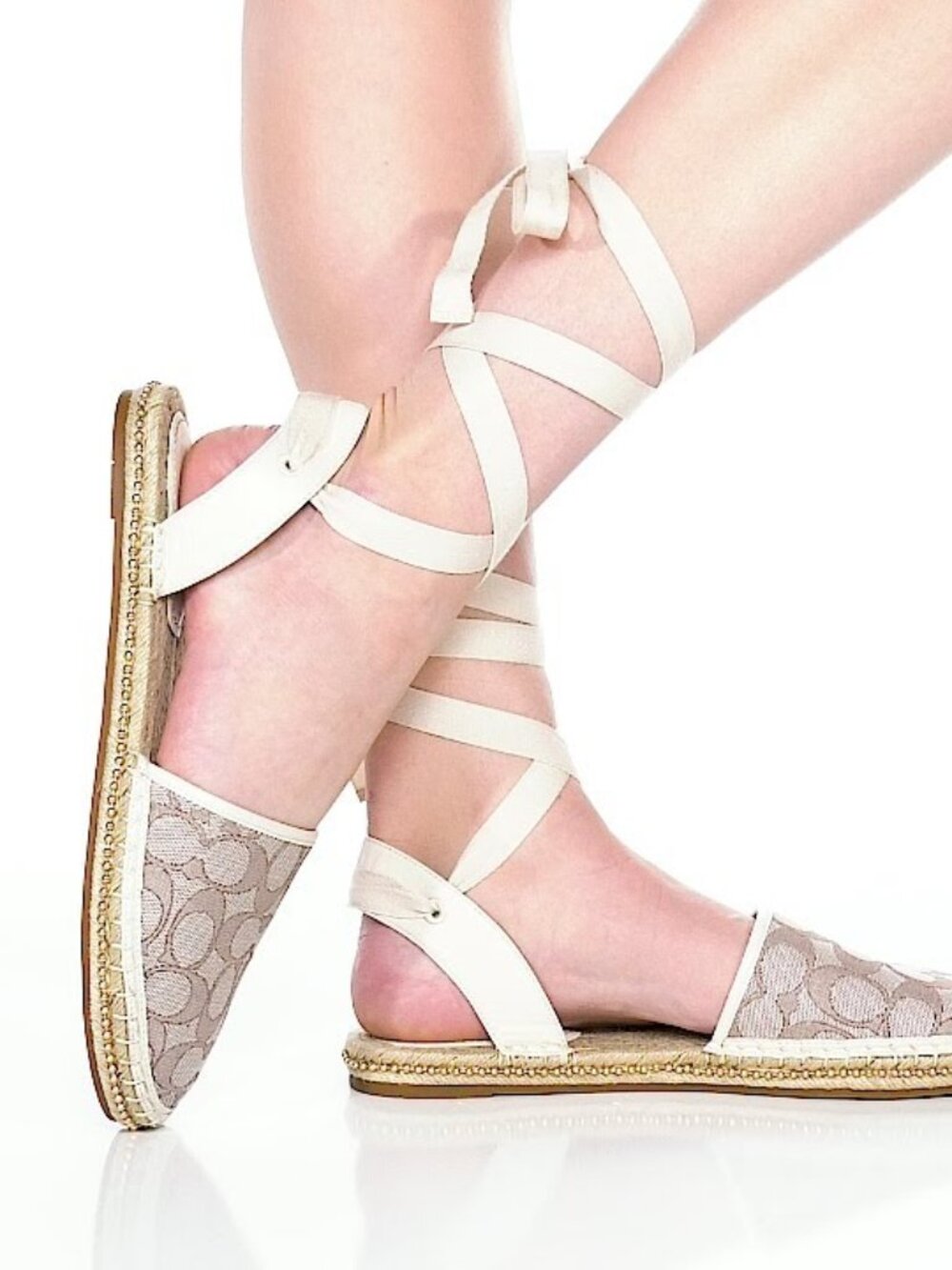 COACH Corrine Signature Jacquard Ankle-Tie Espadrille Flats In Chalk/Stone 6.5B